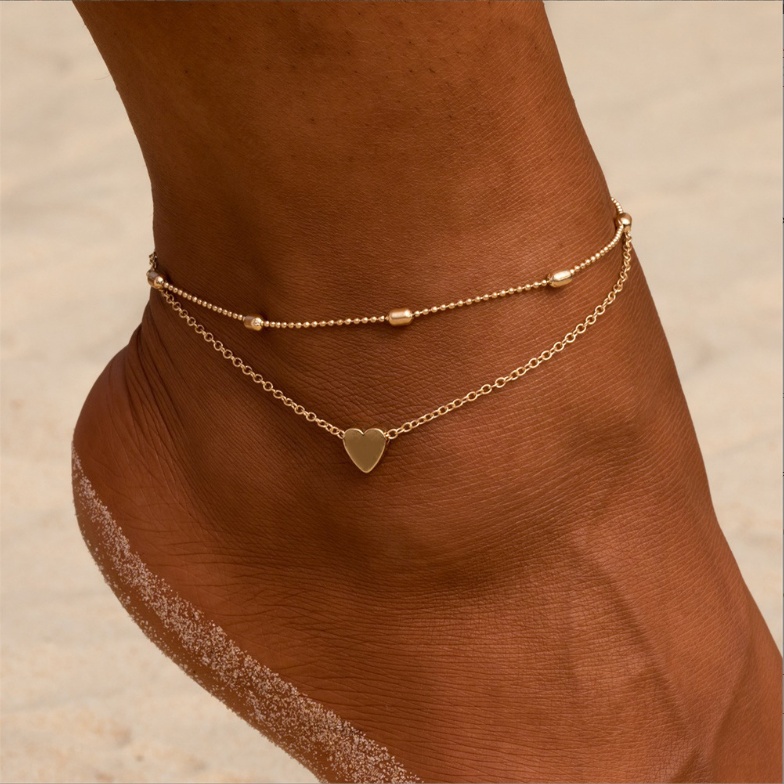 Womens Double Layer Ankle Bracelet with Heart Pendant